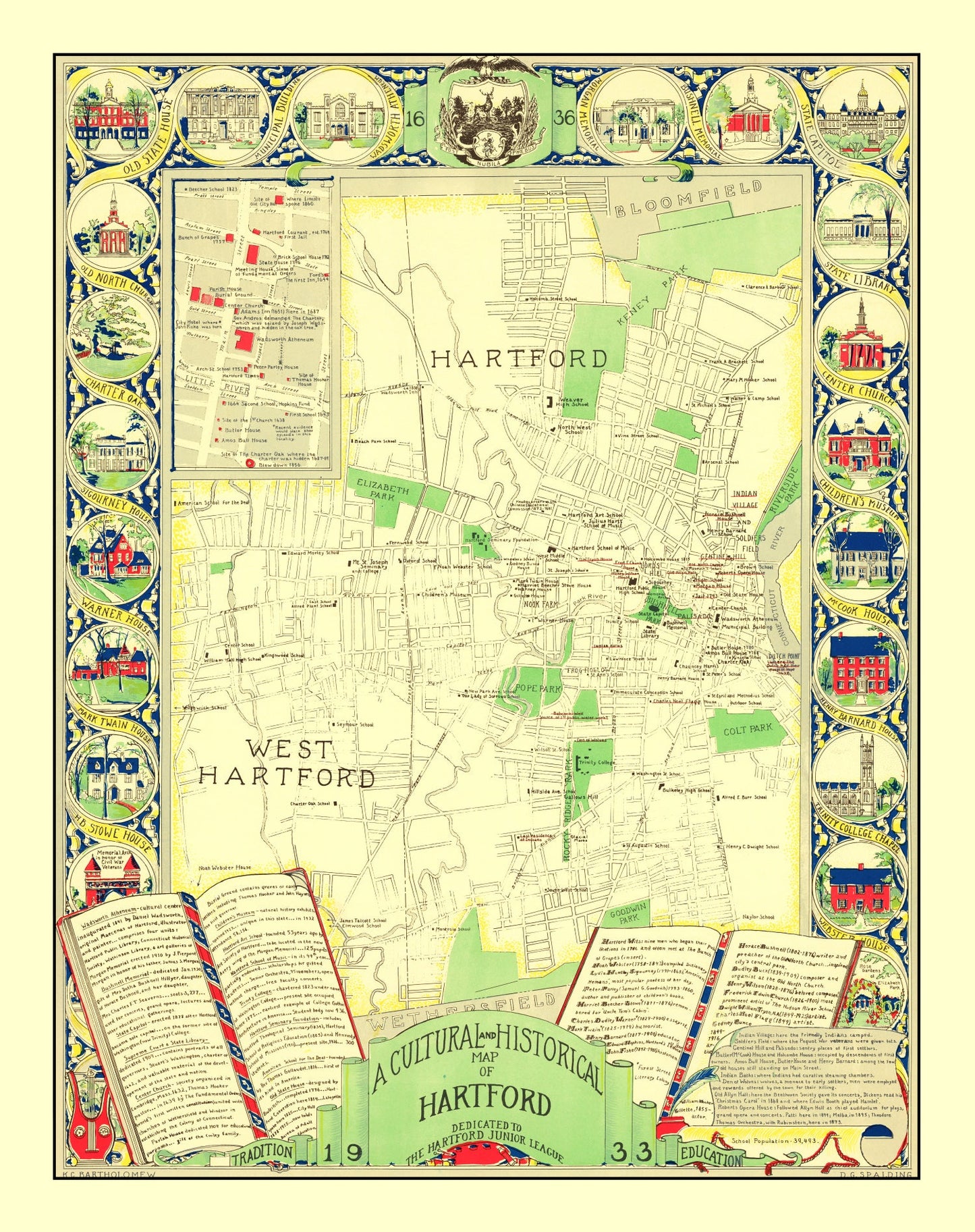 Vintage Map of Hartford, Connecticut, 1933