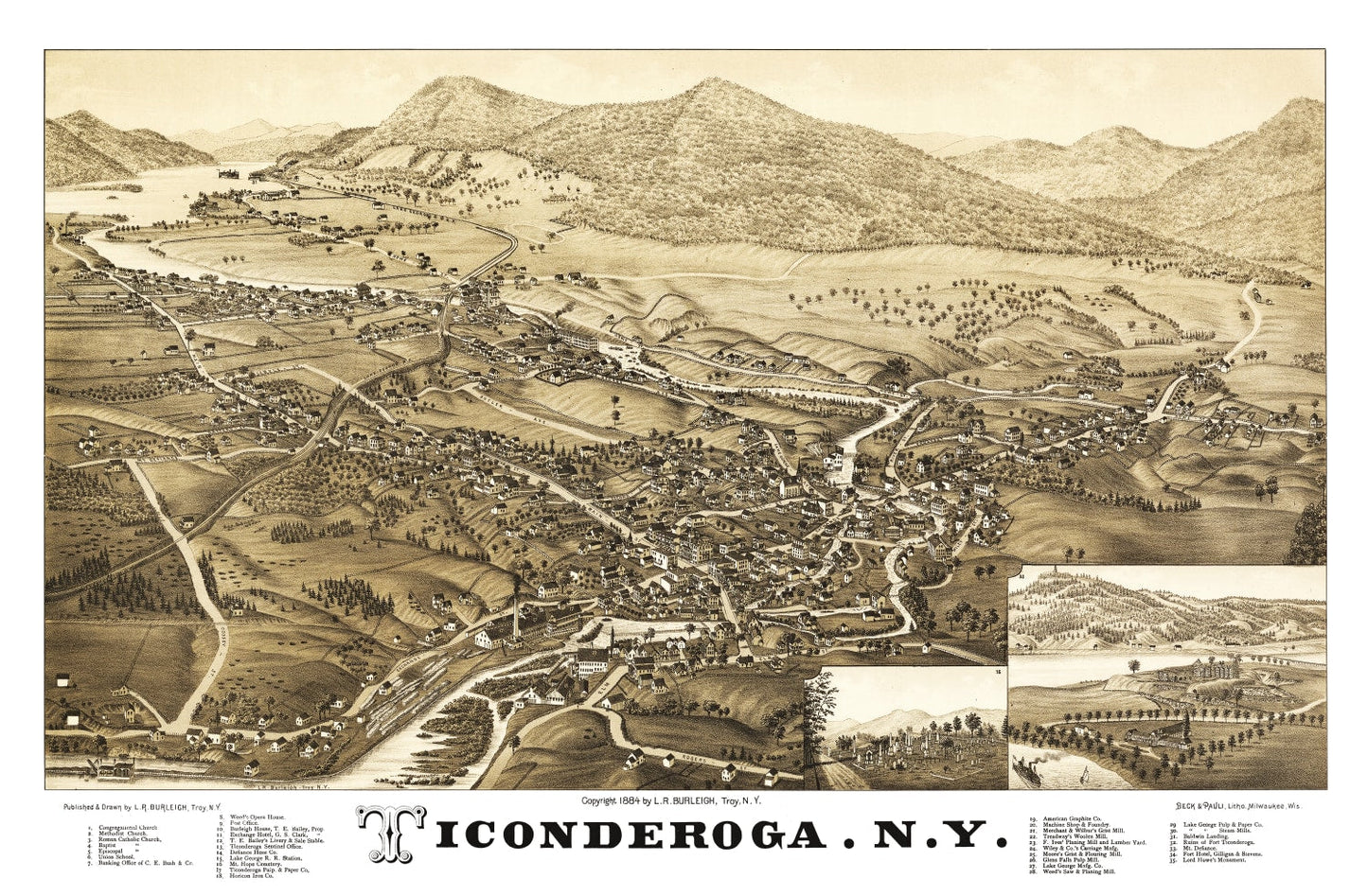 Vintage Map of Ticonderoga, New York, 1884