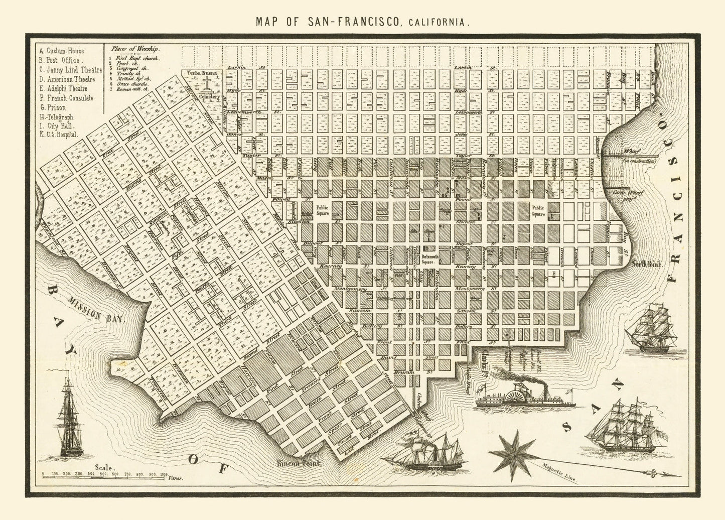 Vintage Map of San Francisco, California, 1852