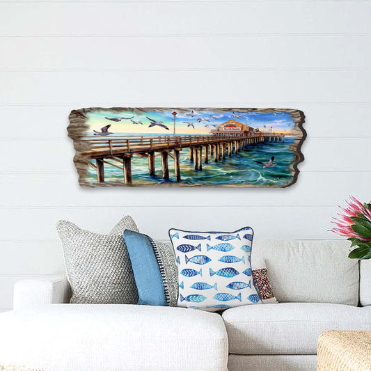 Pier Panorama Wood Wall Art - Coastal Seascape Decor