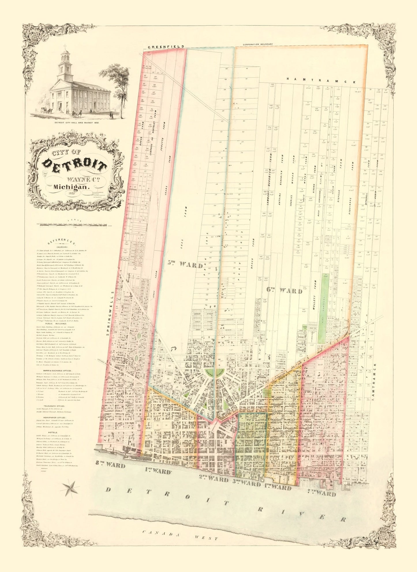 Vintage Map of Detroit, Michigan 1853