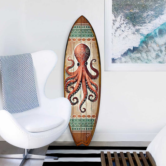 Octopus Surfboard Wood Wall Art - Coastal Ocean Decor