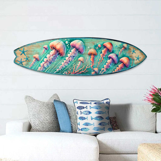 Jellyfish Surfboard Wood Wall Art - Coastal Ocean Decor