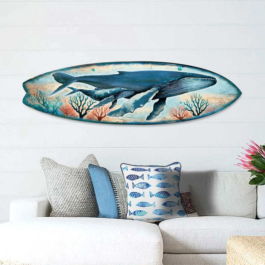 Whale Wood Wall Art - Coastal Surfboard Ocean Decor