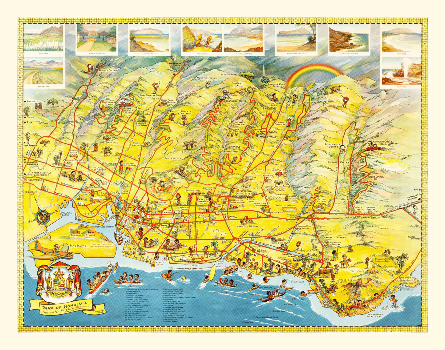Vintage Map of Honolulu, Hawaii, 1948