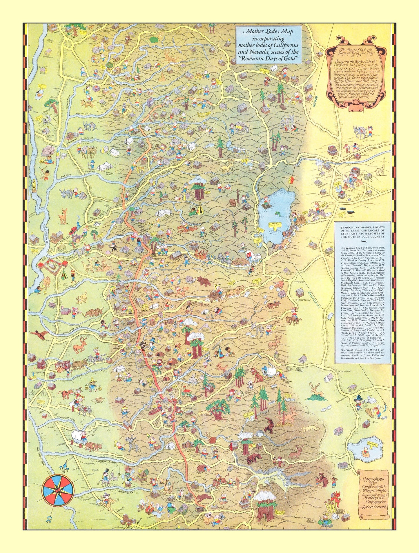 Vintage Map of Lake Tahoe and Gold Country, 1931