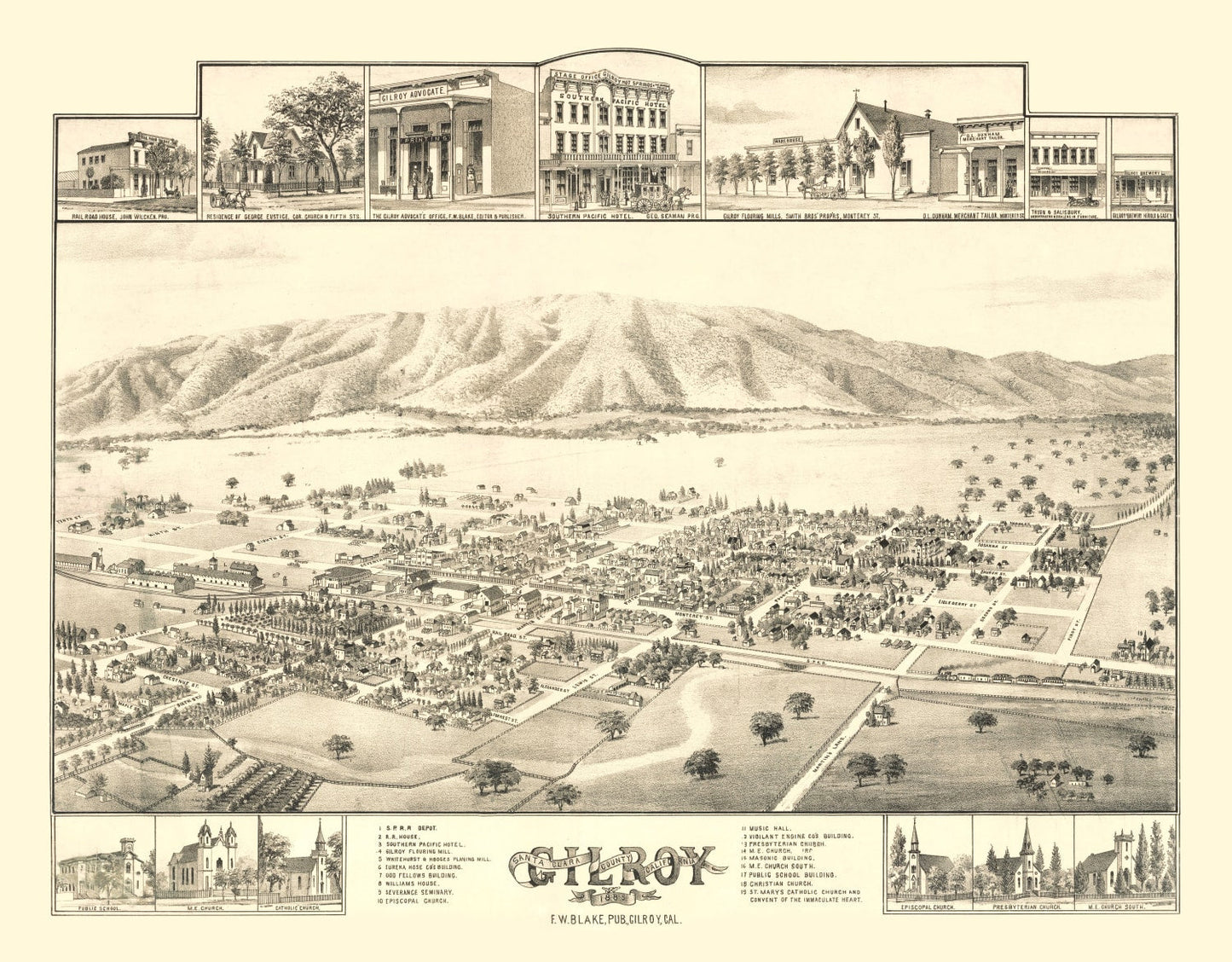 Vintage Map of Gilroy, California, 1885