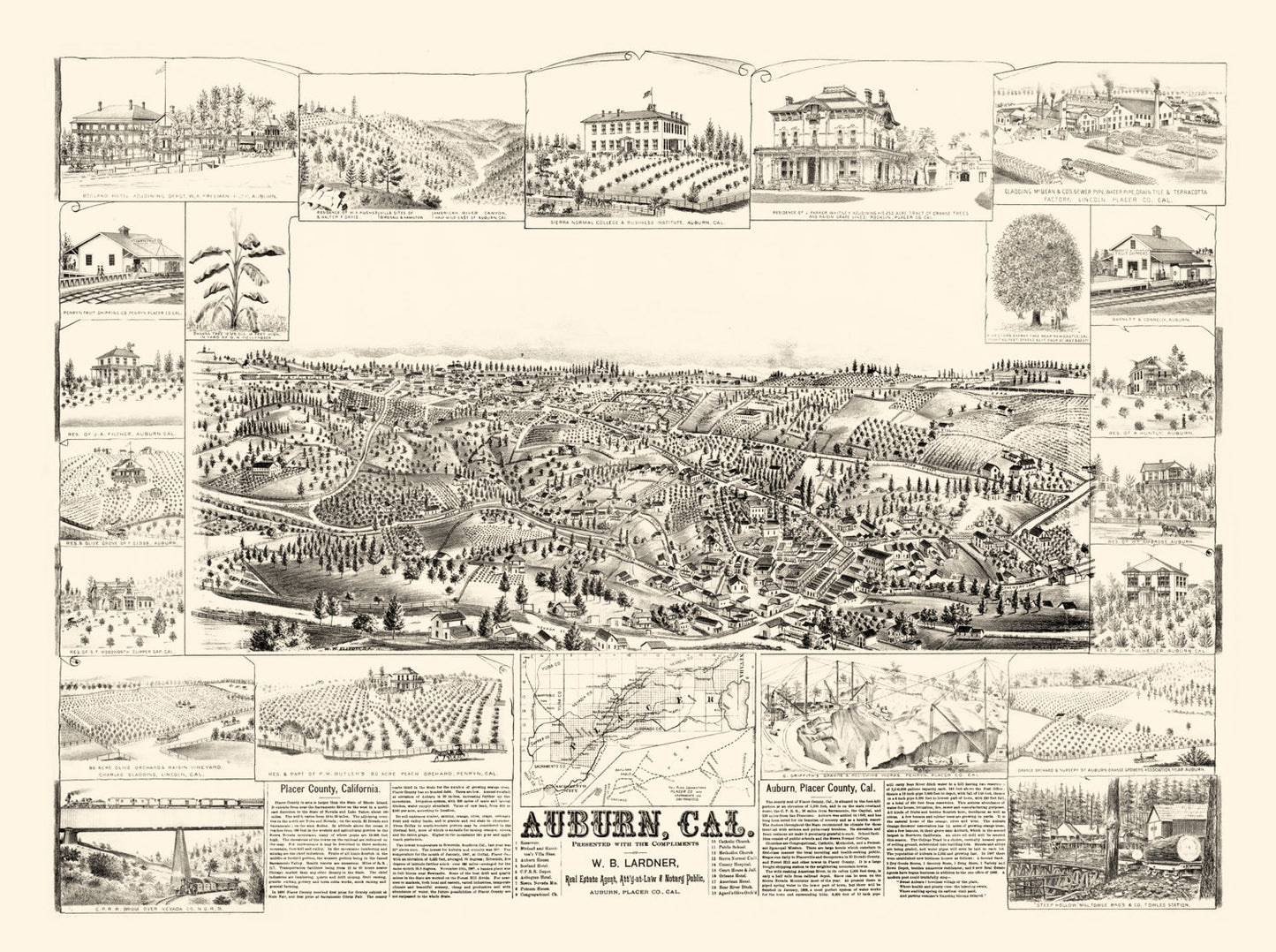 Vintage Map of Auburn, California, 1887 (Bird's Eye Edition)