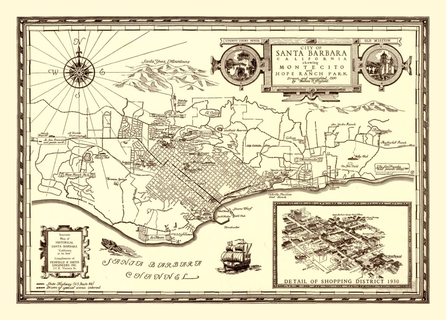 Vintage Map of Santa Barbara, California, 1930