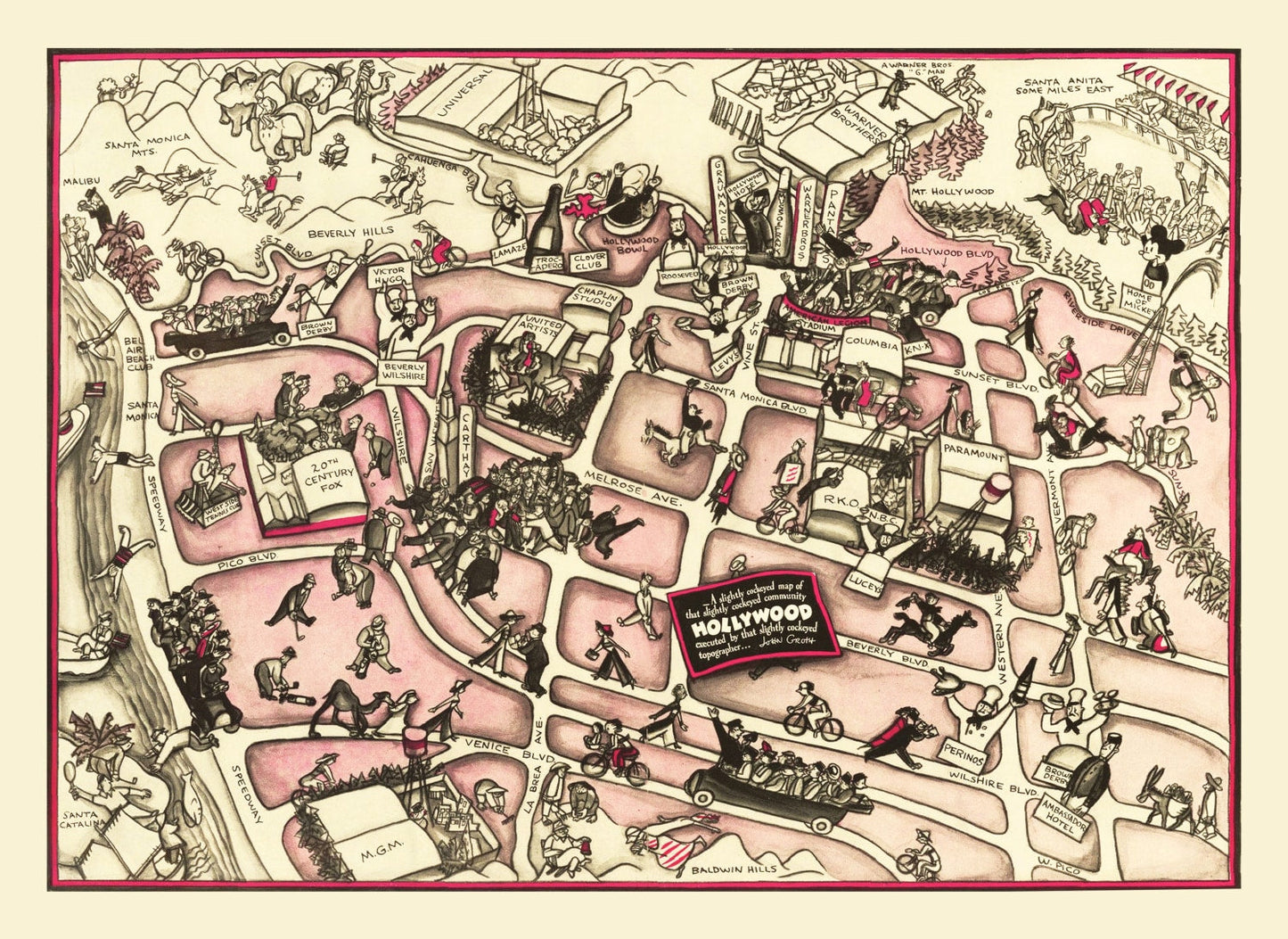 Vintage Map of Hollywood, Los Angeles County, California, 1937 (Golden Age)