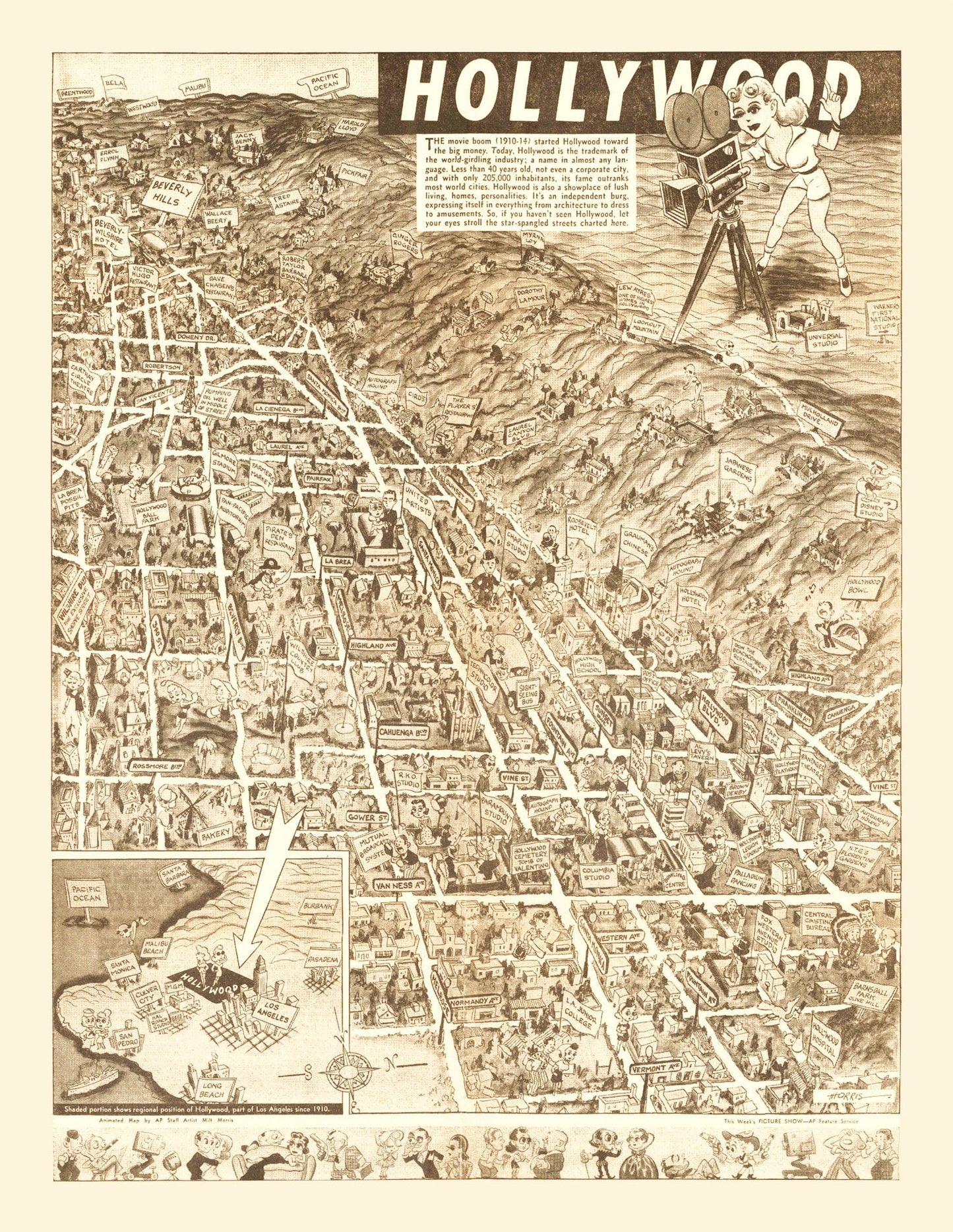 Vintage Map of Hollywood, Los Angeles County, California, 1940