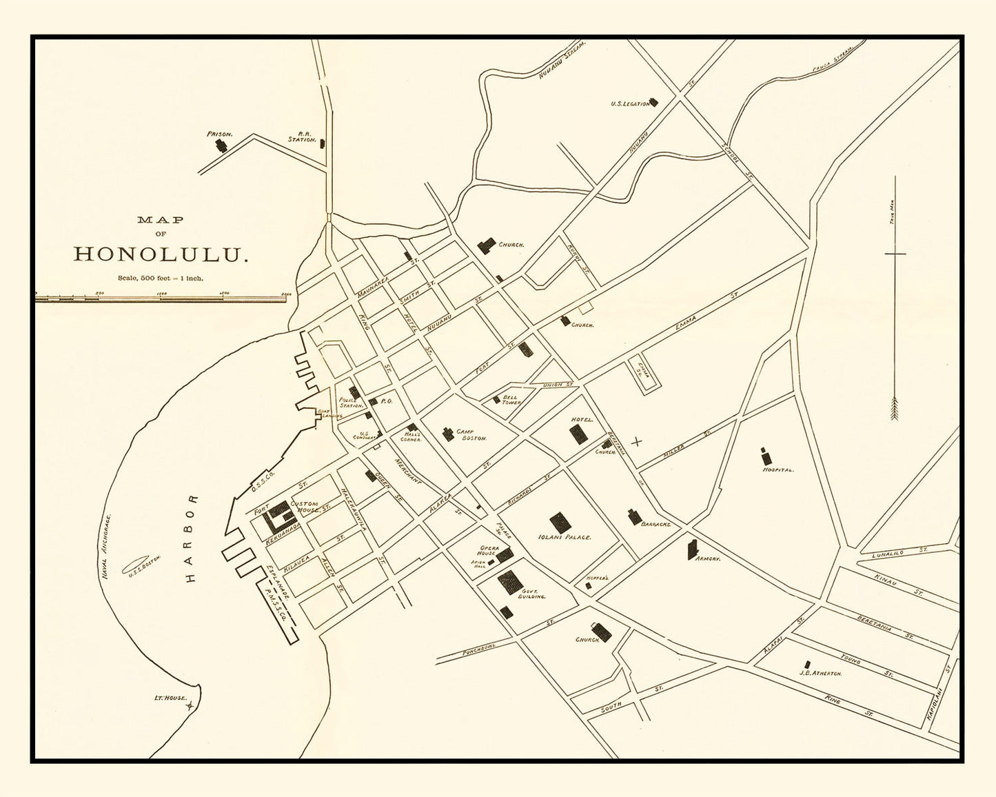 Vintage Map of Honolulu, Hawaii, 1893 (Classic Print)