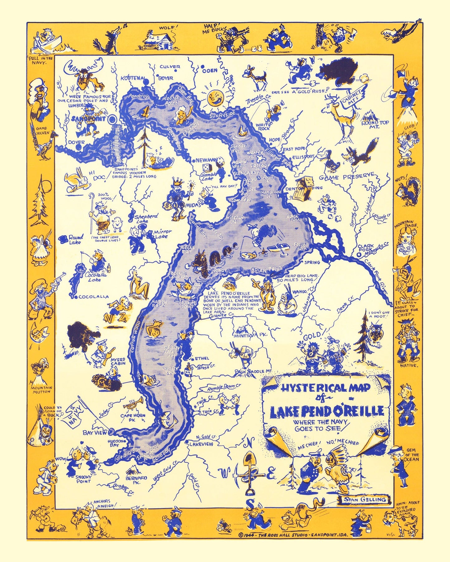 Vintage Map of Lake Pend Oreille, Idaho, 1944