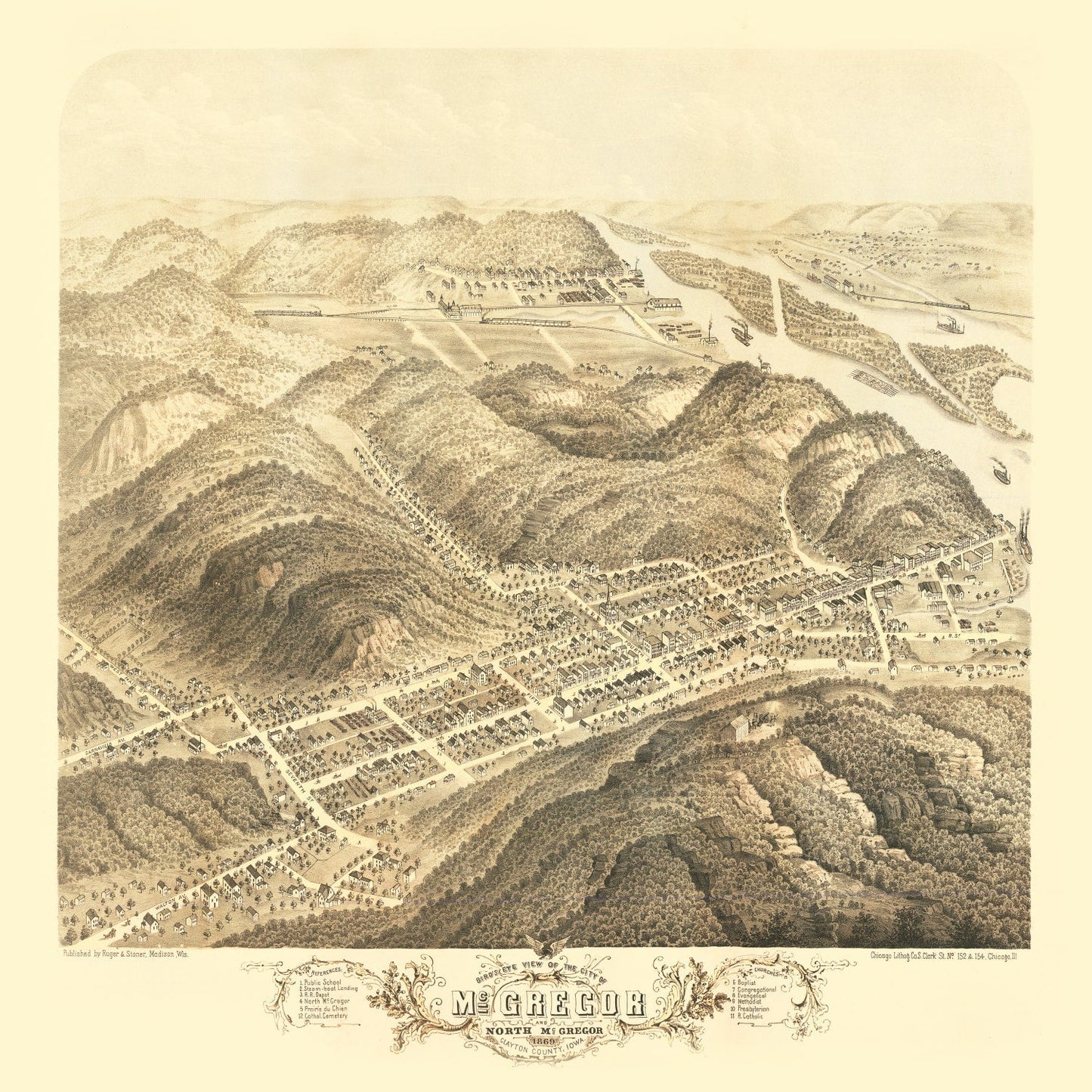 Vintage Map of McGregor, Iowa, 1869
