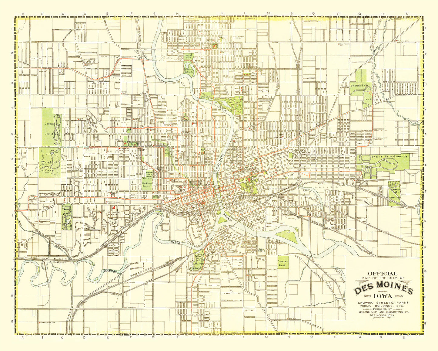 Vintage Map of Des Moines, Iowa 1920