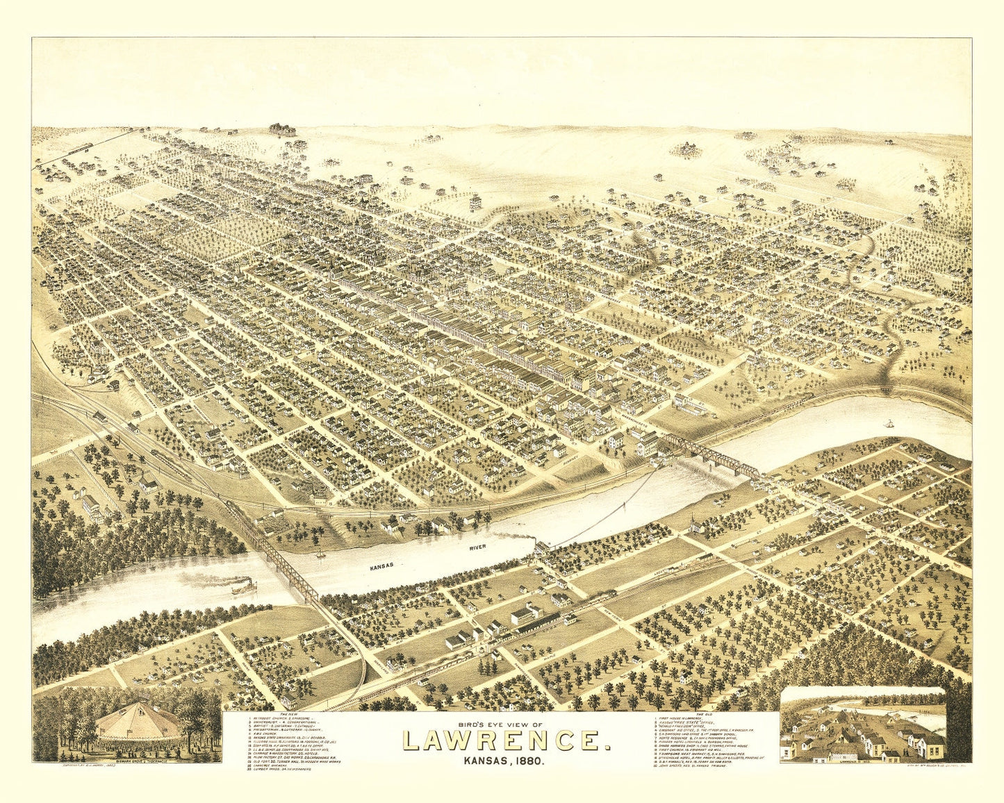 Vintage Map of Lawrence, Kansas, 1880