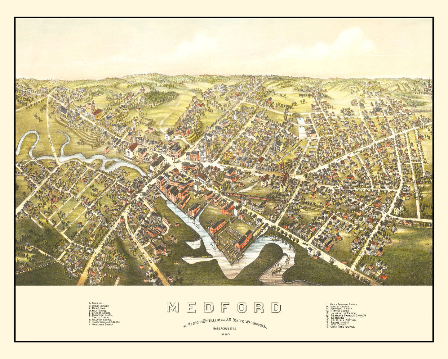 Vintage Map of Medford, Massachusetts, 1880