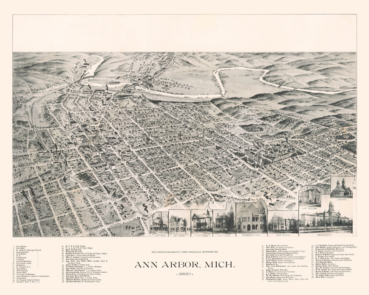 Vintage Map of Ann Arbor, Michigan, 1890