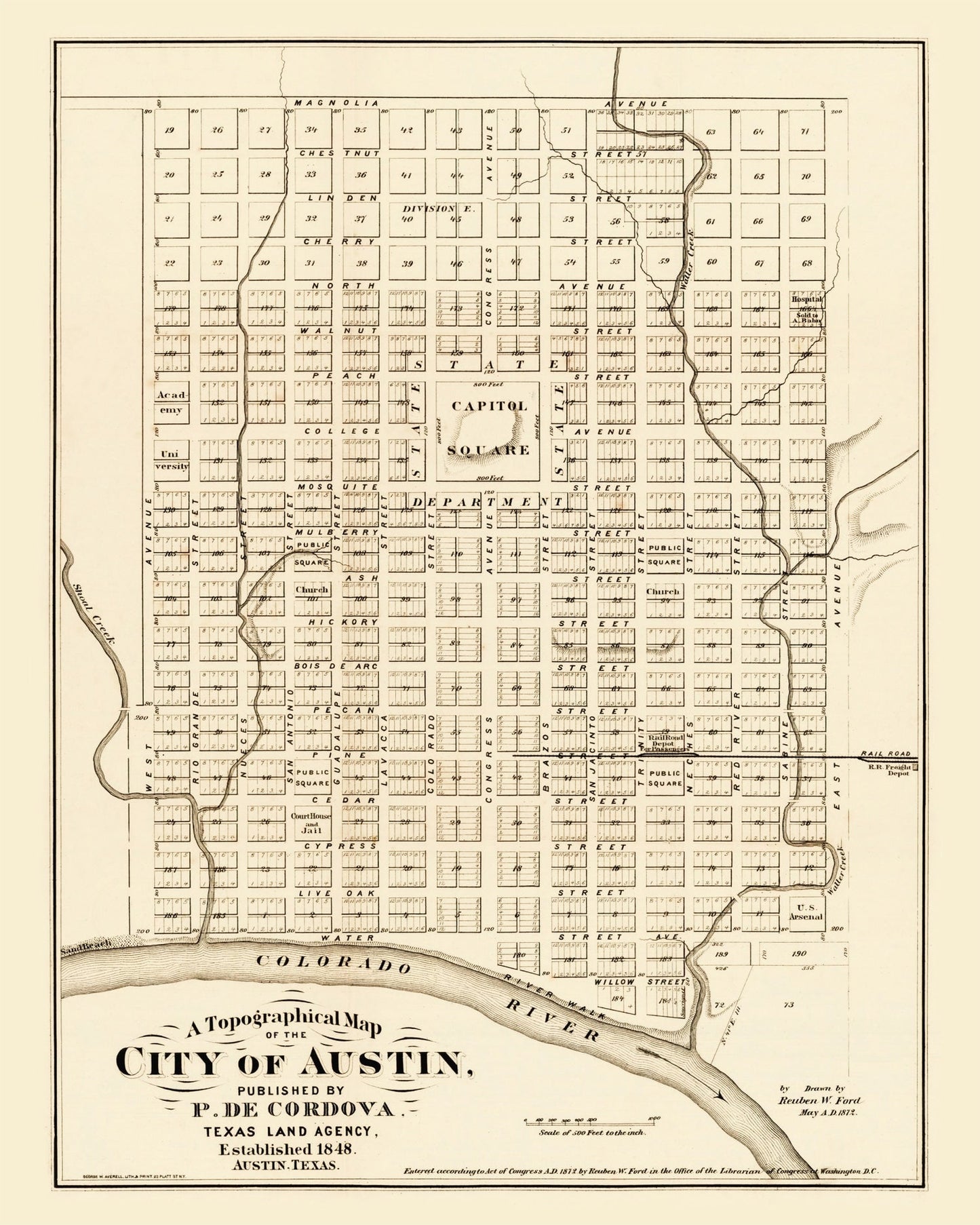 Vintage Map of Austin, Texas, 1872 Wall Art