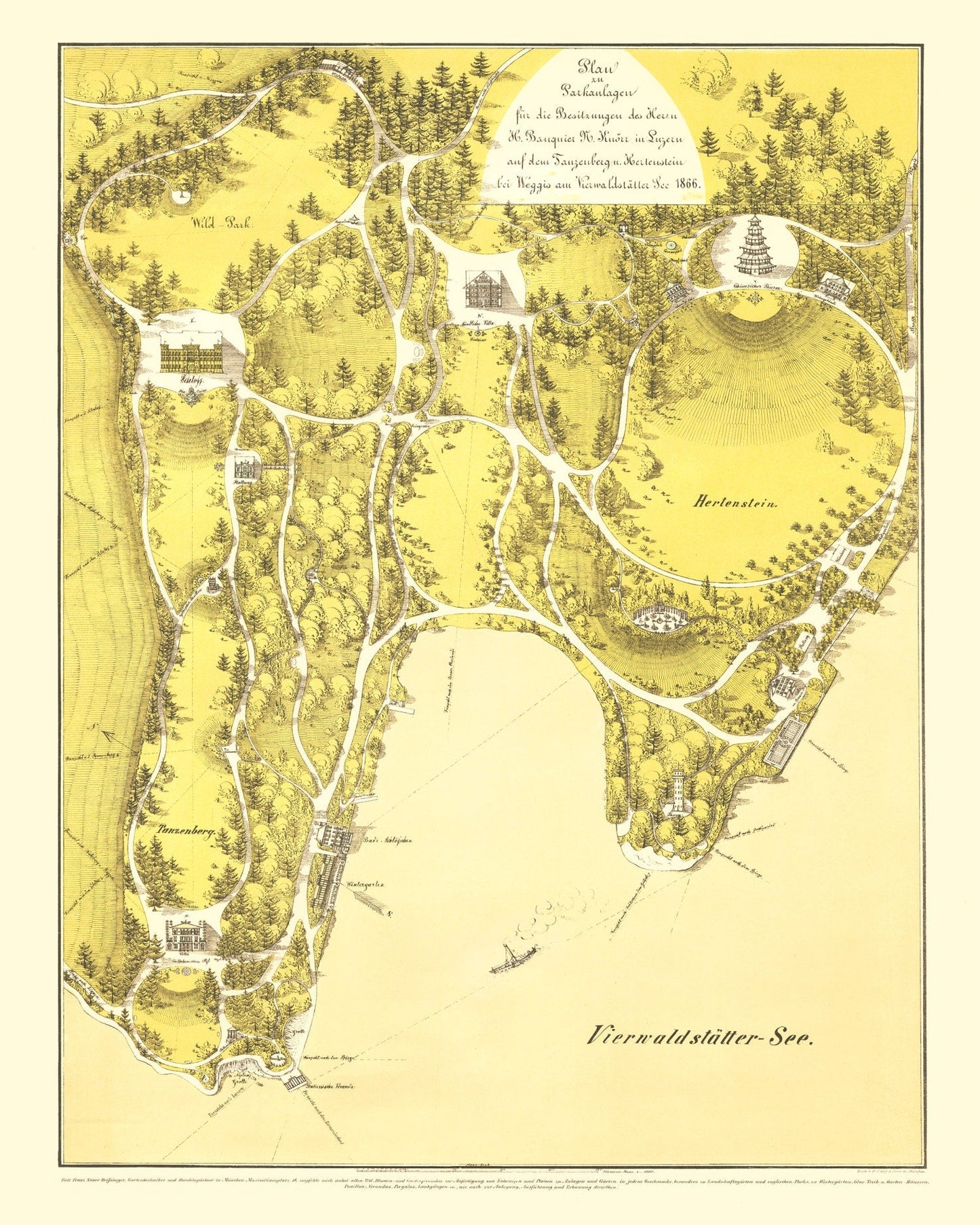Vintage Map of Lake Lucerne, Switzerland, 1866
