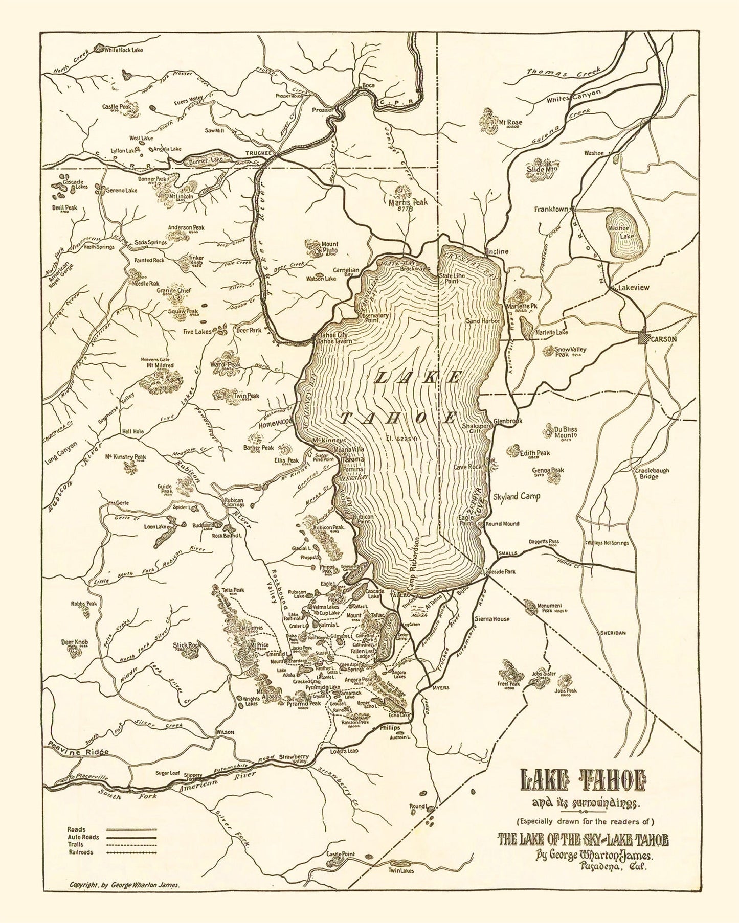 Vintage Map of Lake Tahoe, California, 1915