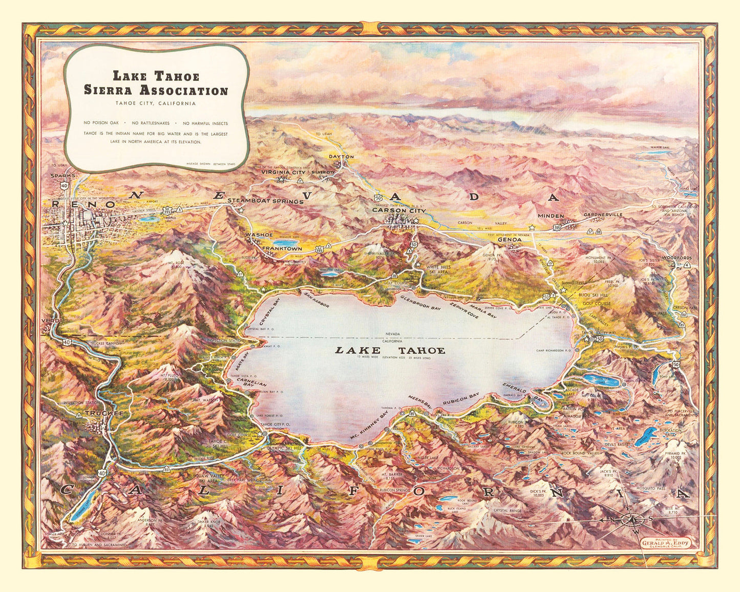 Vintage Map of Lake Tahoe, California, 1945