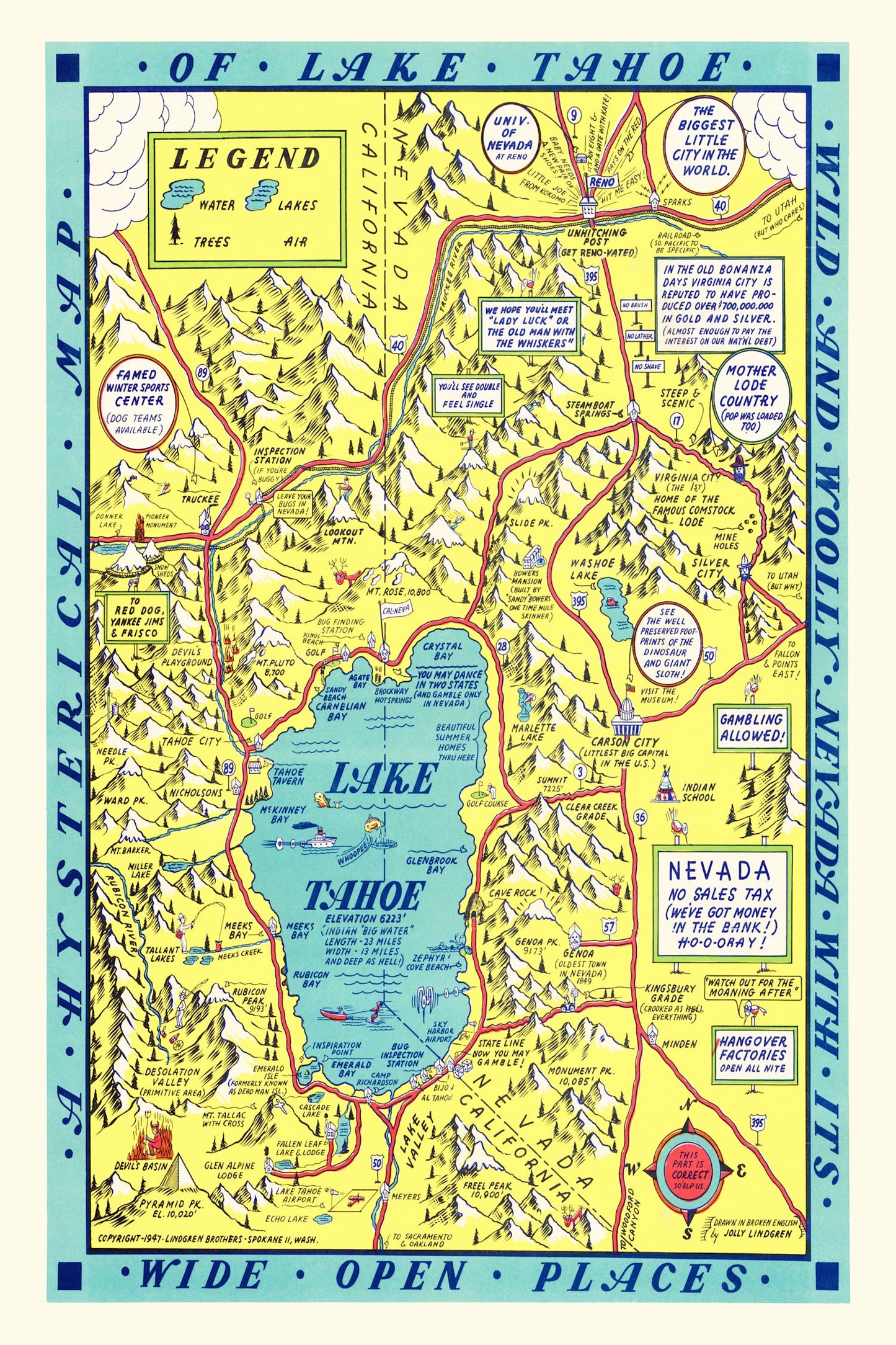 Vintage Map of Lake Tahoe, California, 1947