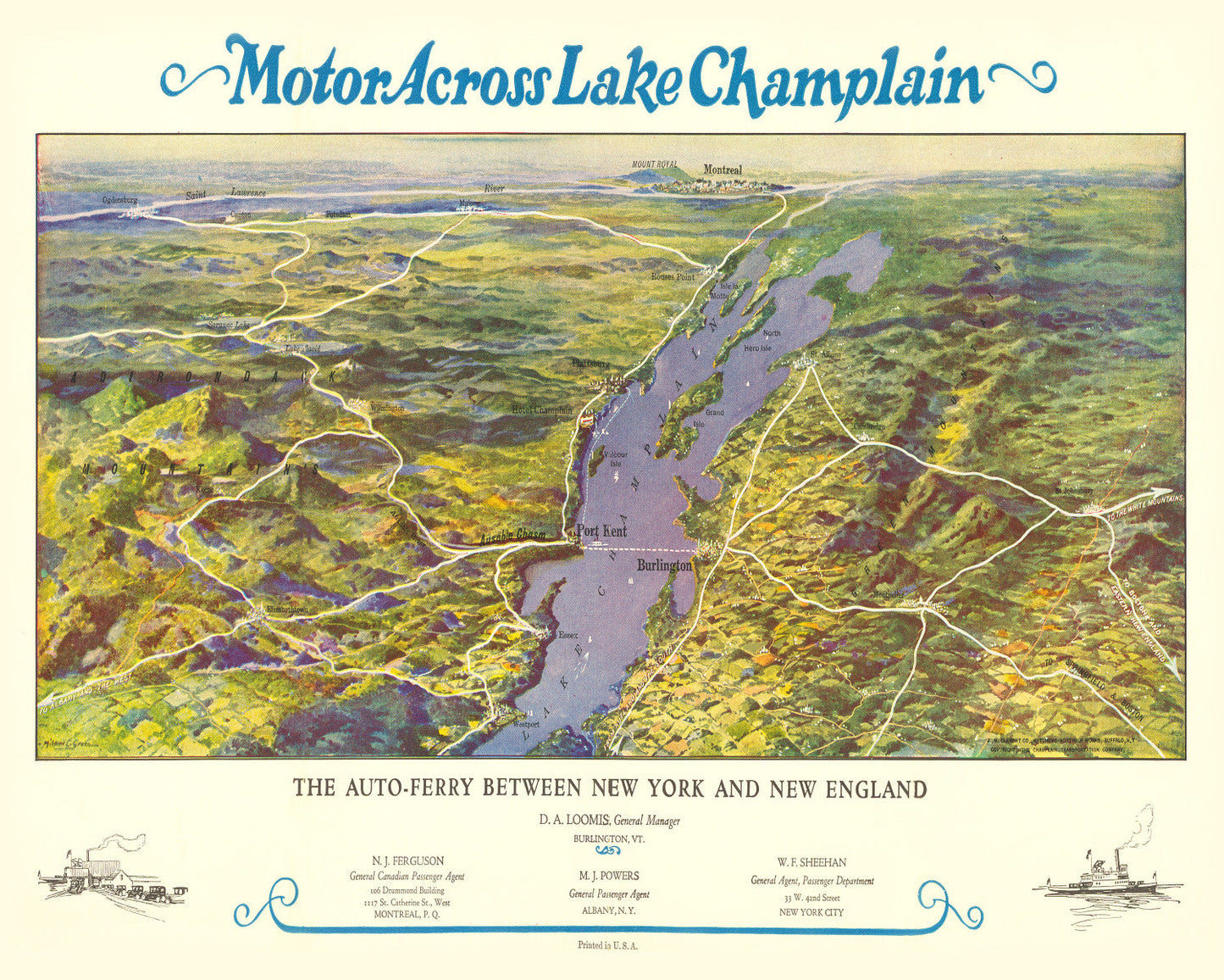 Vintage Map of Lake Champlain, New York, 1932