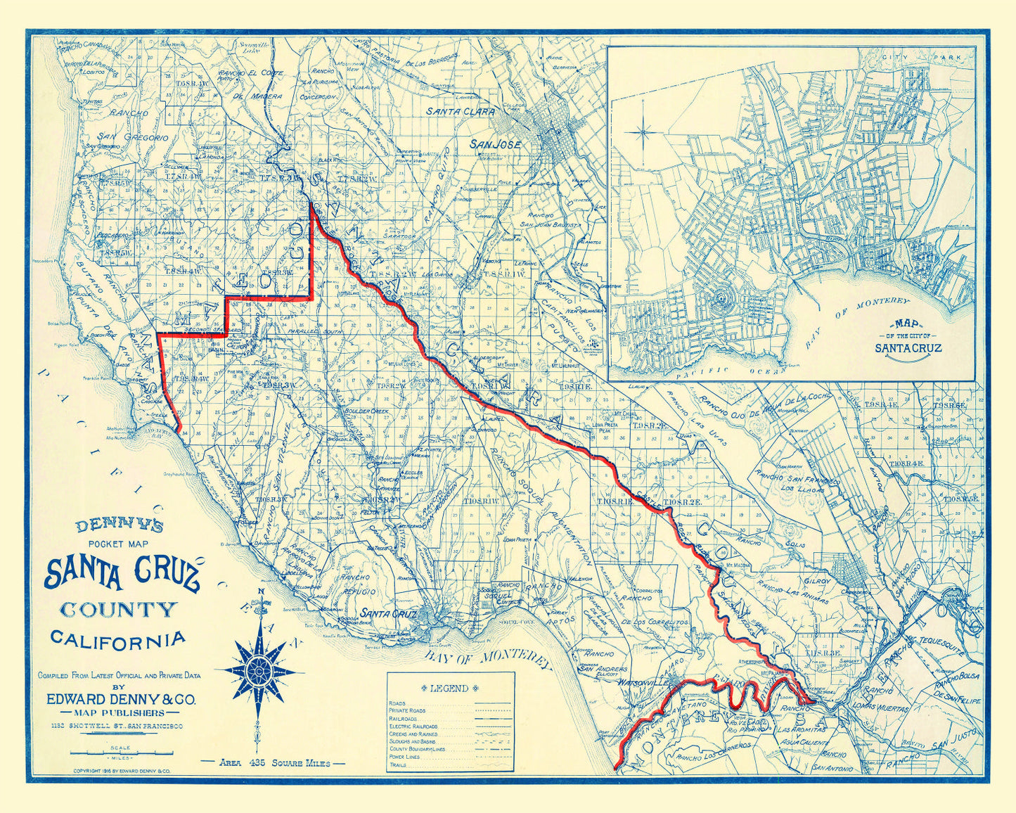 Vintage Map of Santa Cruz County, California, 1916