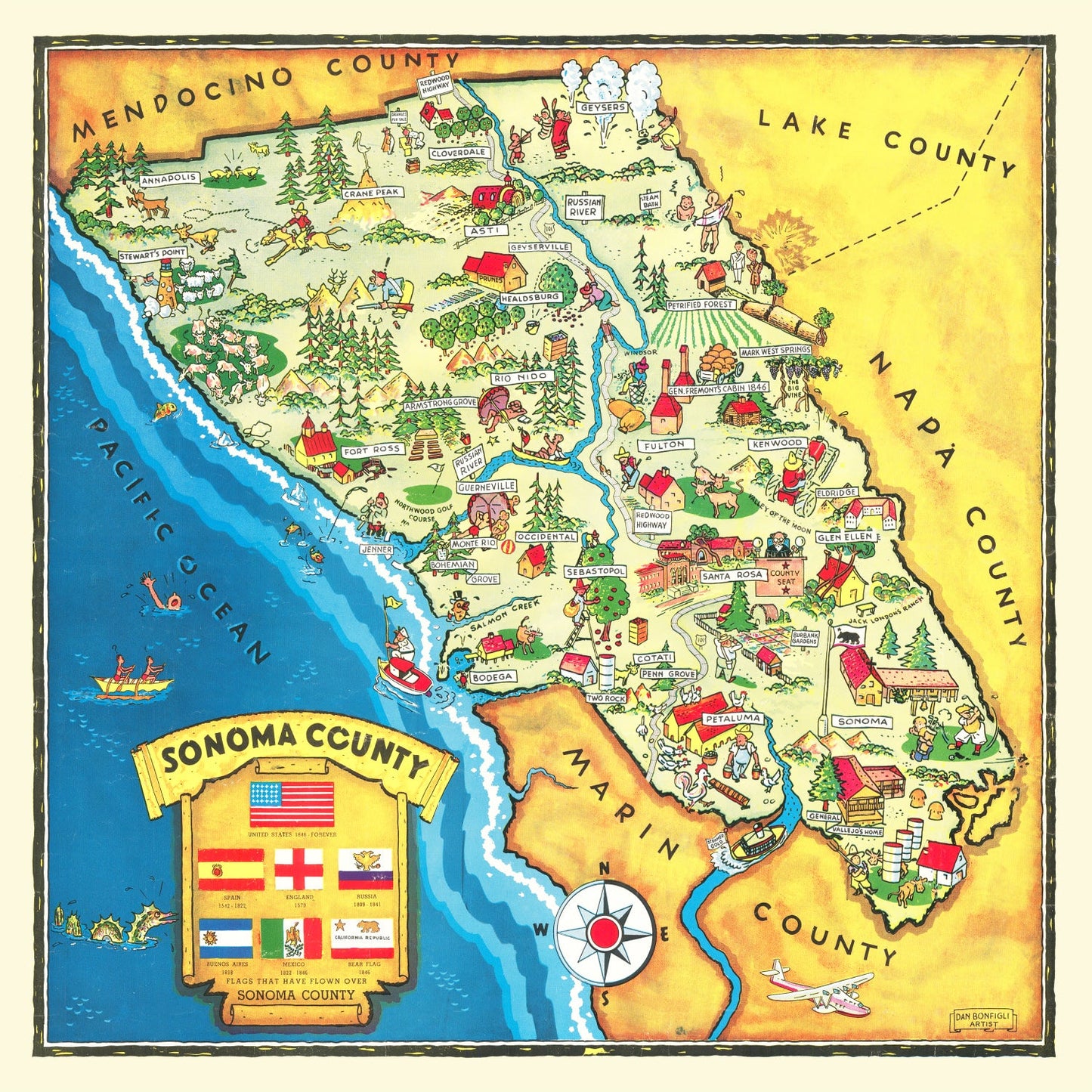 Vintage Map of Sonoma County, California, 1945