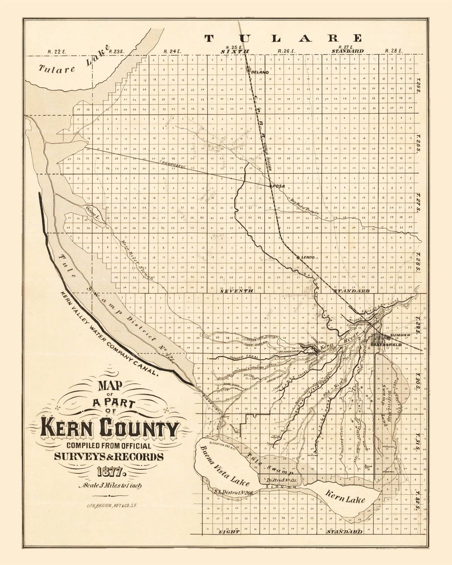 Vintage Map of Kern County, California, 1877