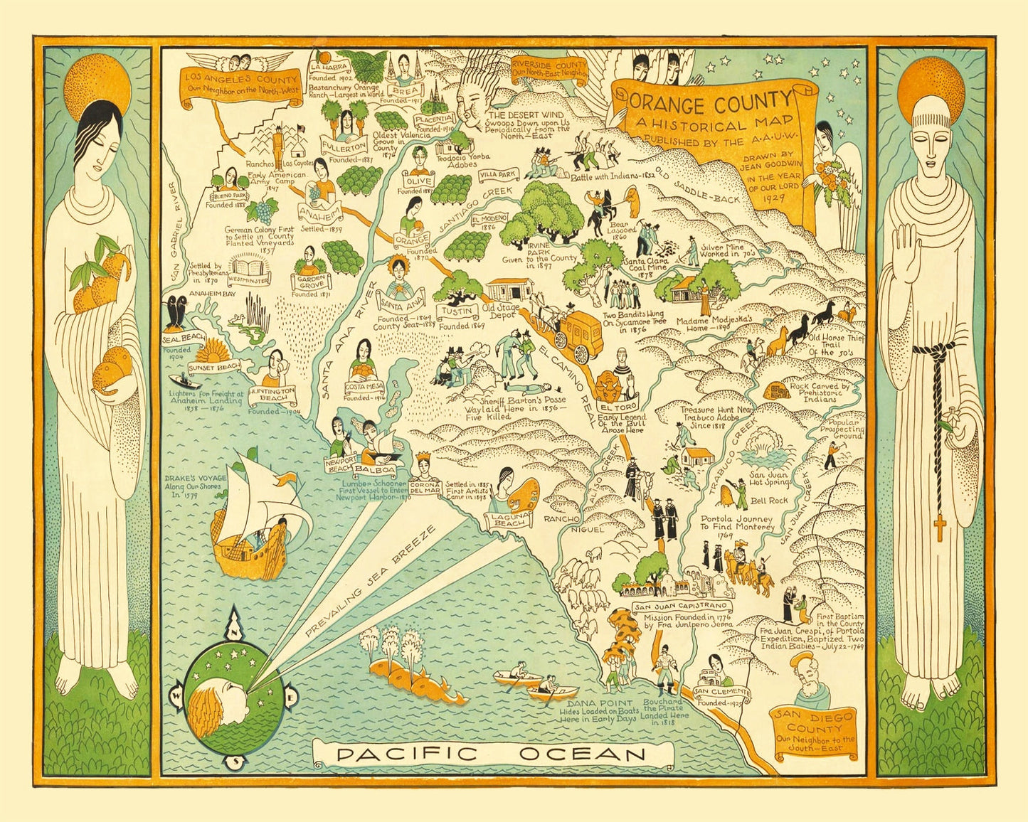 Vintage Map of Orange County, California, 1929