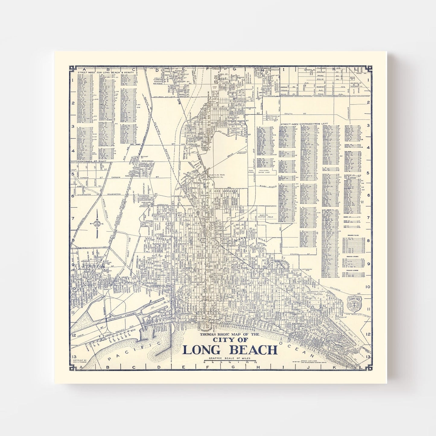 Vintage Map of Long Beach Business Section, California, 1938