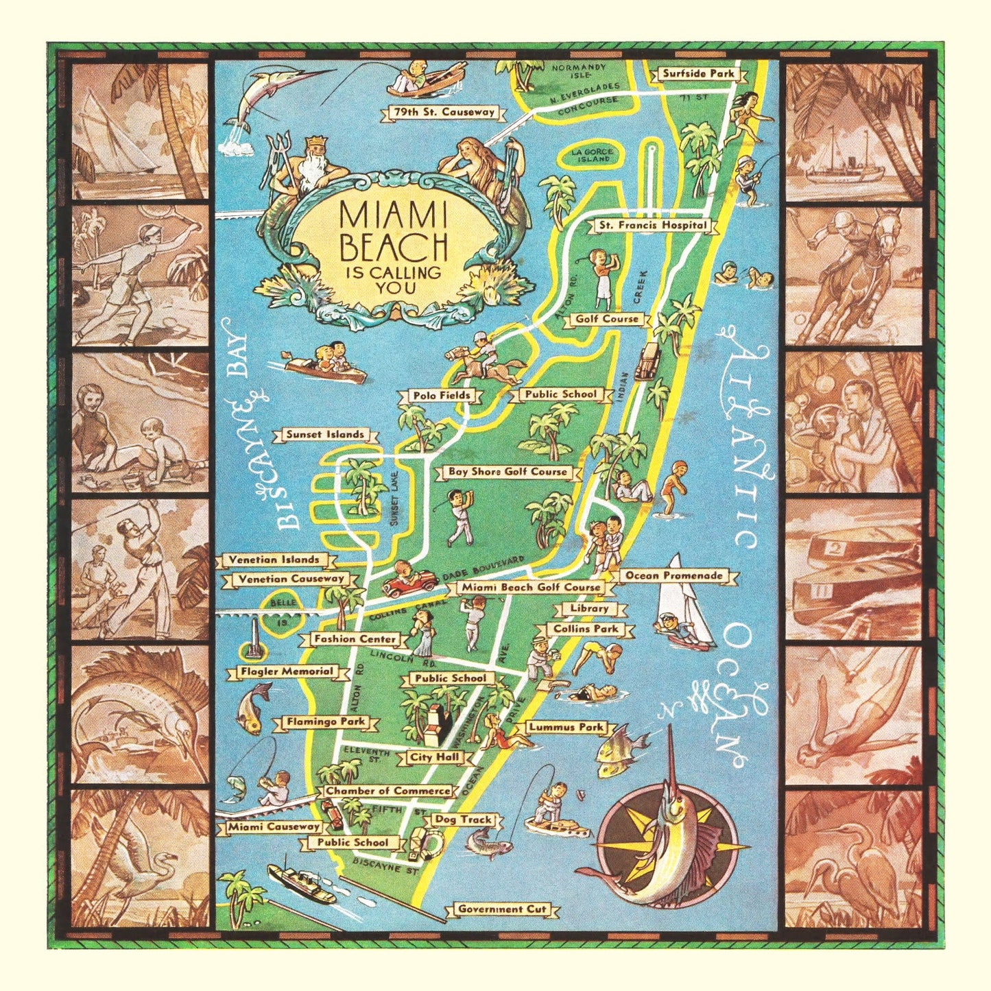 Vintage Map of Miami Beach, Florida, 1936