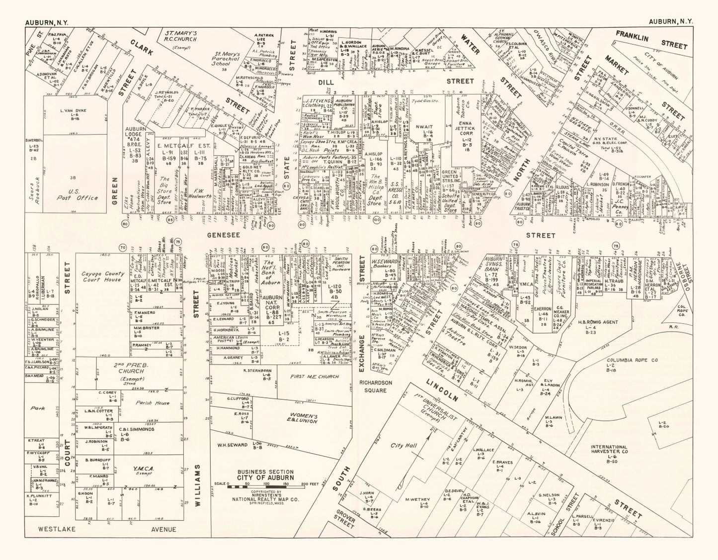 Vintage Map of Auburn, New York, Business District, 1947