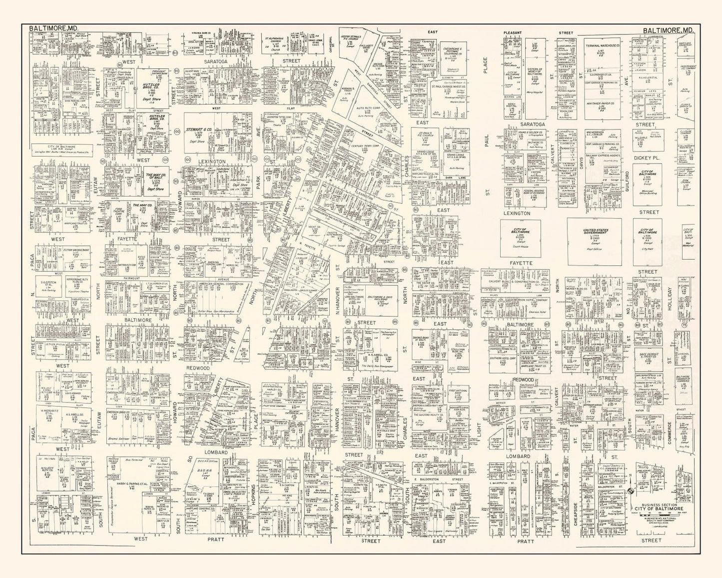 Vintage Map of Baltimore, MD Business Section, 1947
