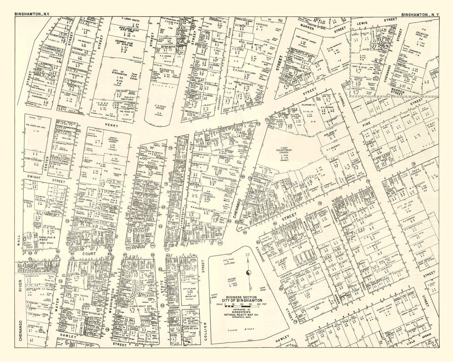 Vintage Map of Binghamton, New York, Business District, 1947