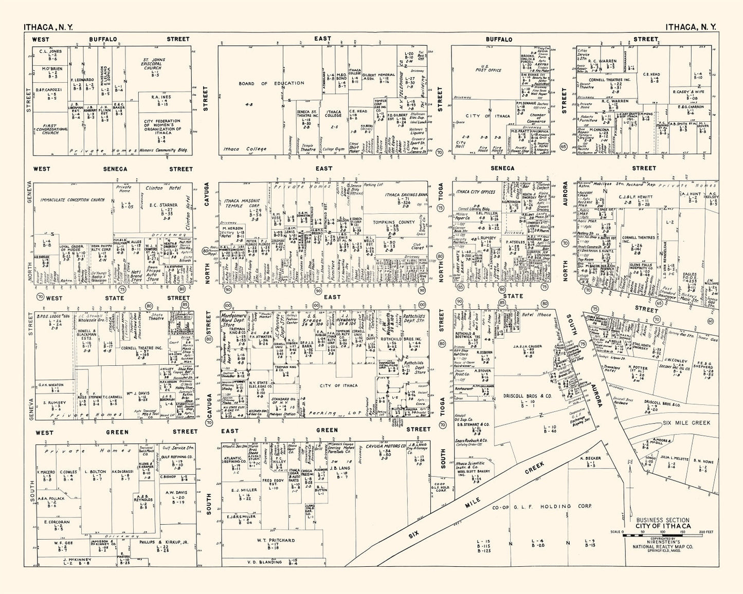 Vintage Map of Ithaca, Tompkins County, New York, 1947