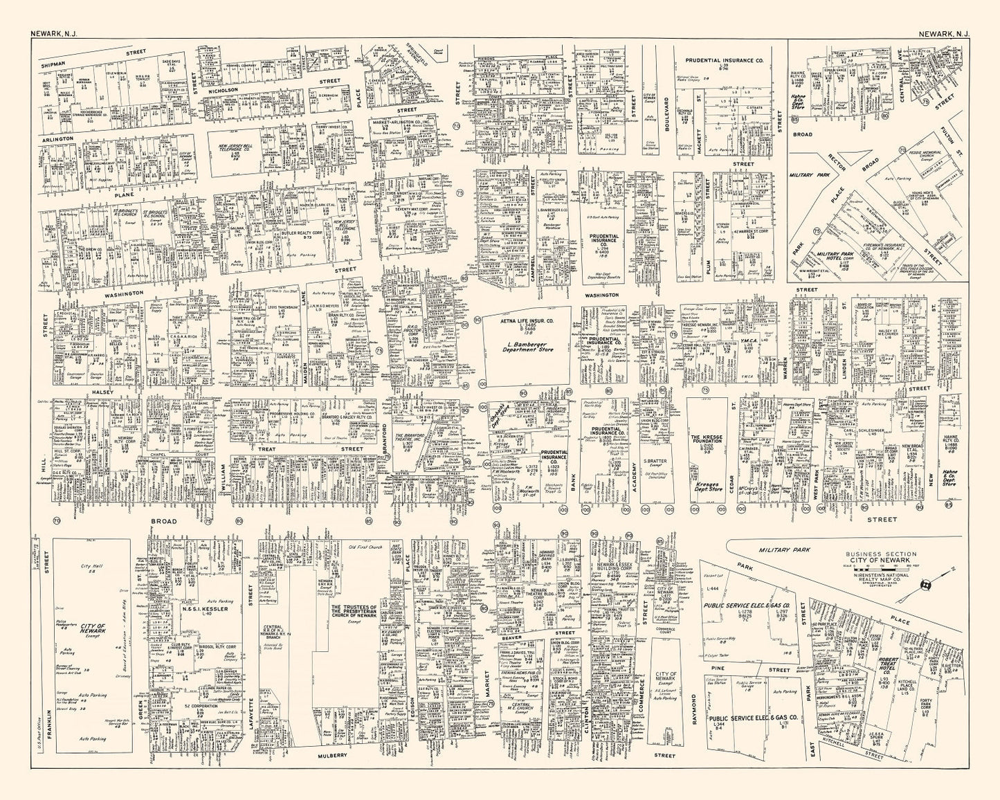 Vintage Map of Newark Business Section, New Jersey, 1947