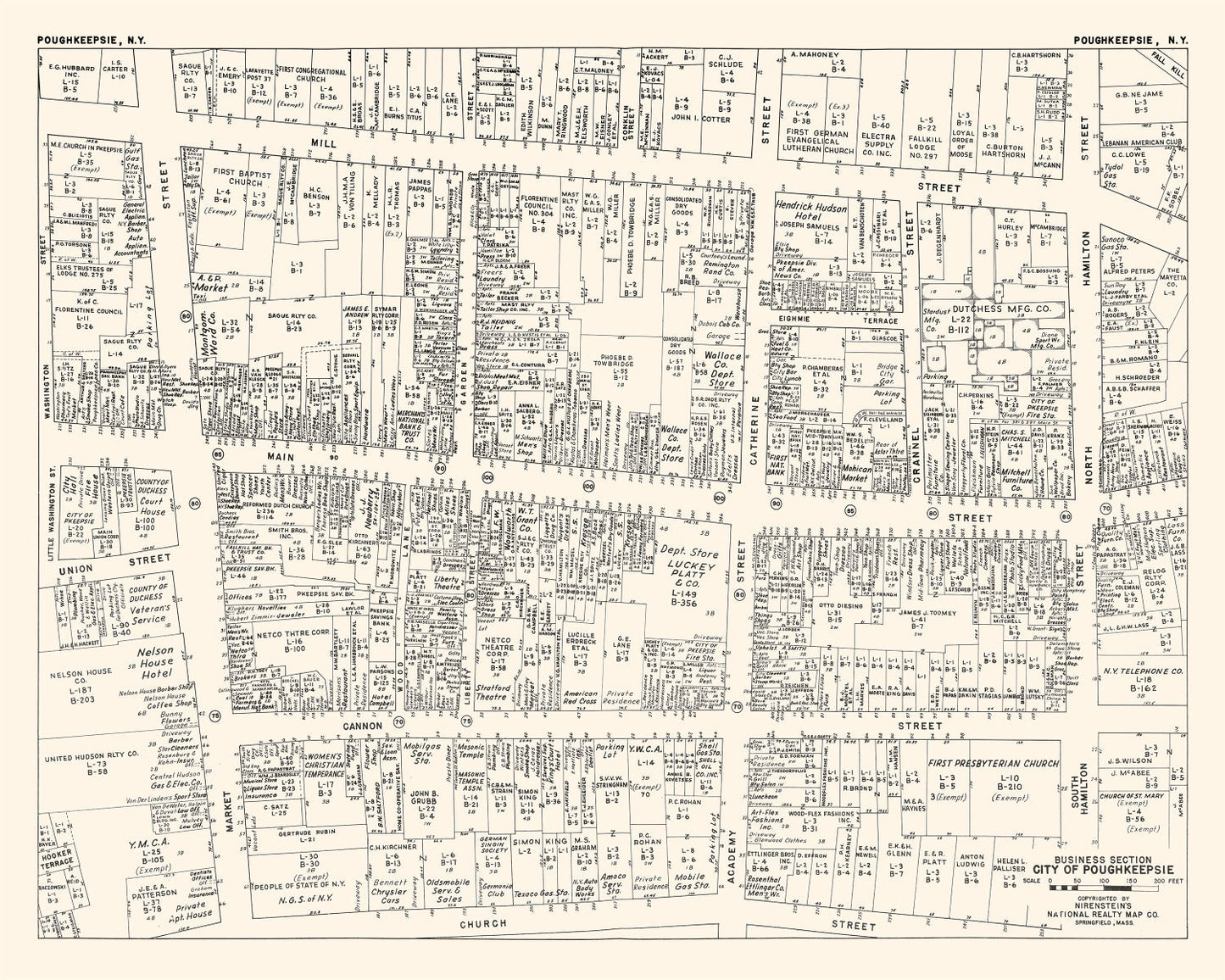 Vintage Map of Poughkeepsie, NY Business Section, 1947