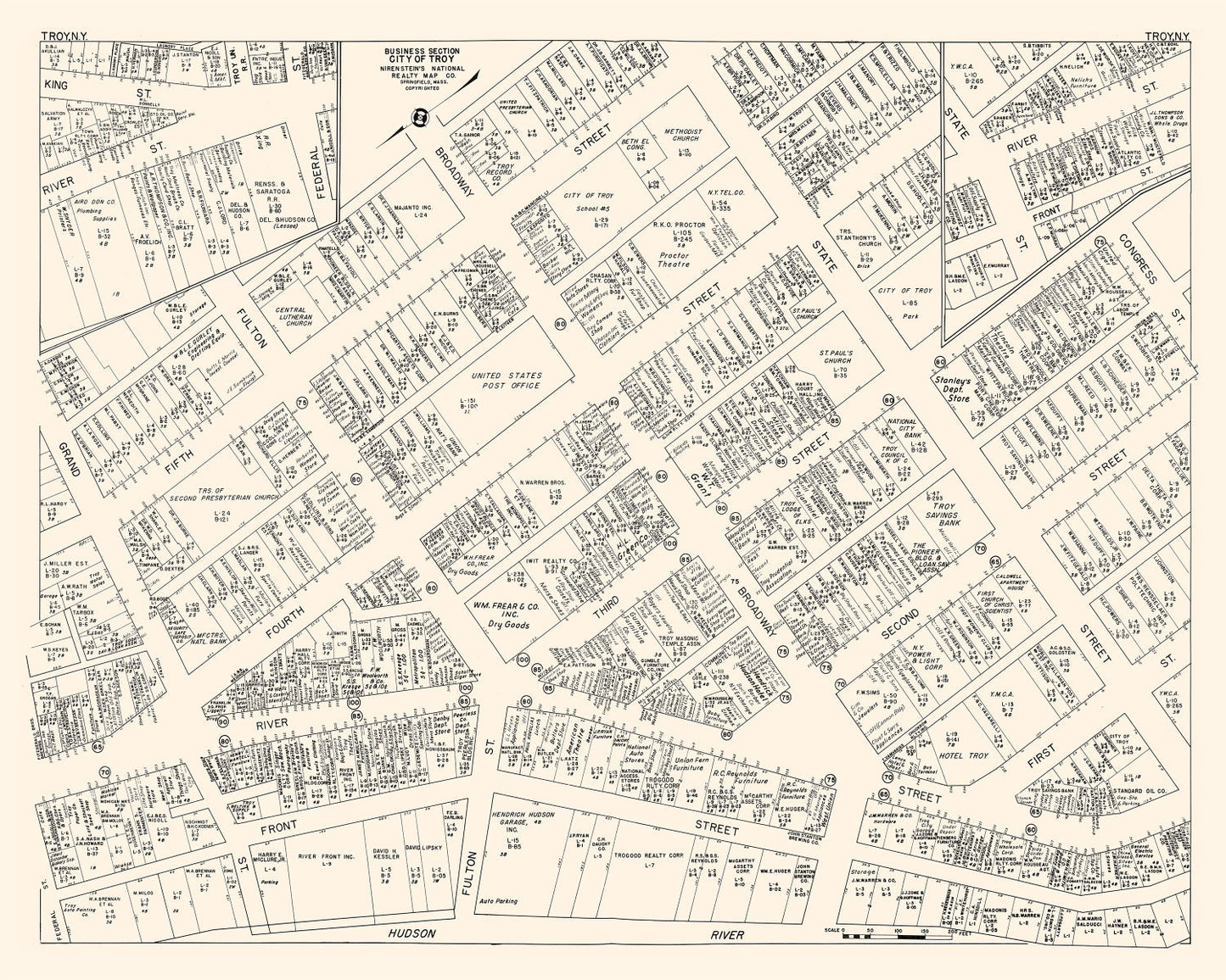 Vintage Map of Troy, New York Business Section, 1947