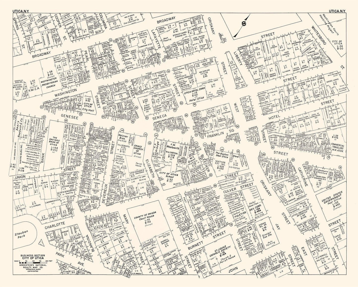 Vintage Map of Utica, New York Business Section, 1947
