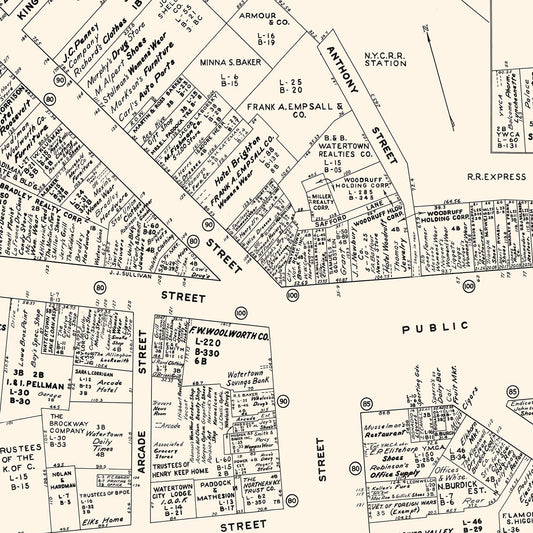 Vintage Map of Watertown, NY Business Section 1947