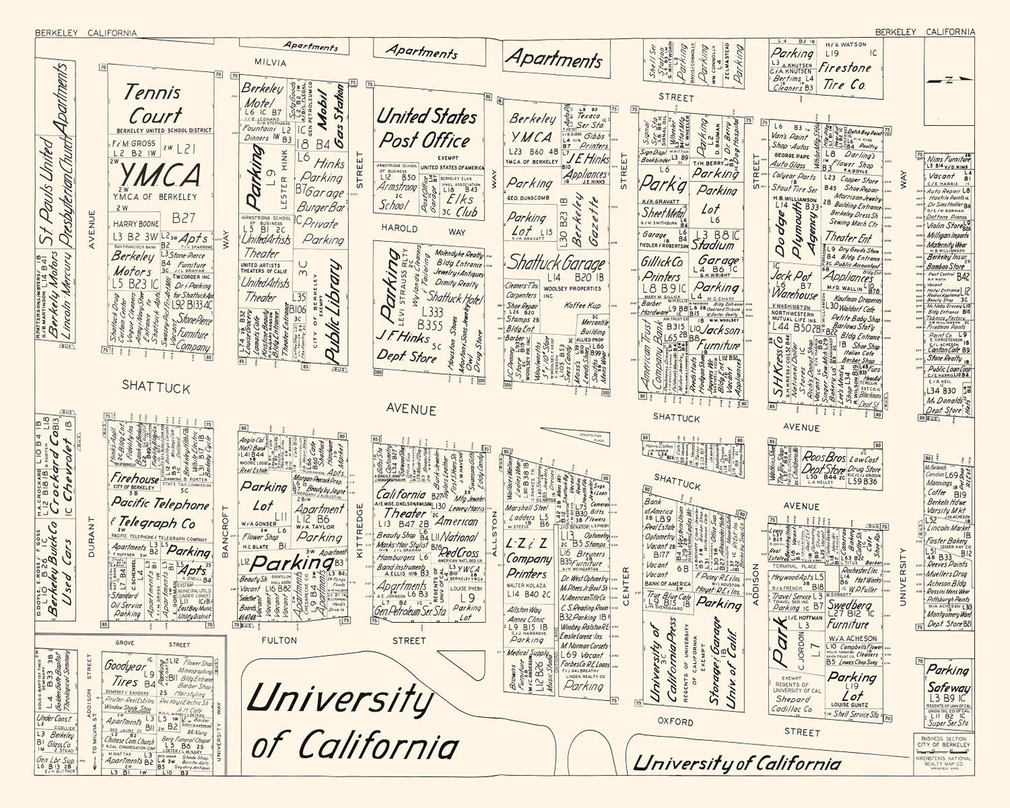 Vintage Map of Berkeley, California, Business District, 1952