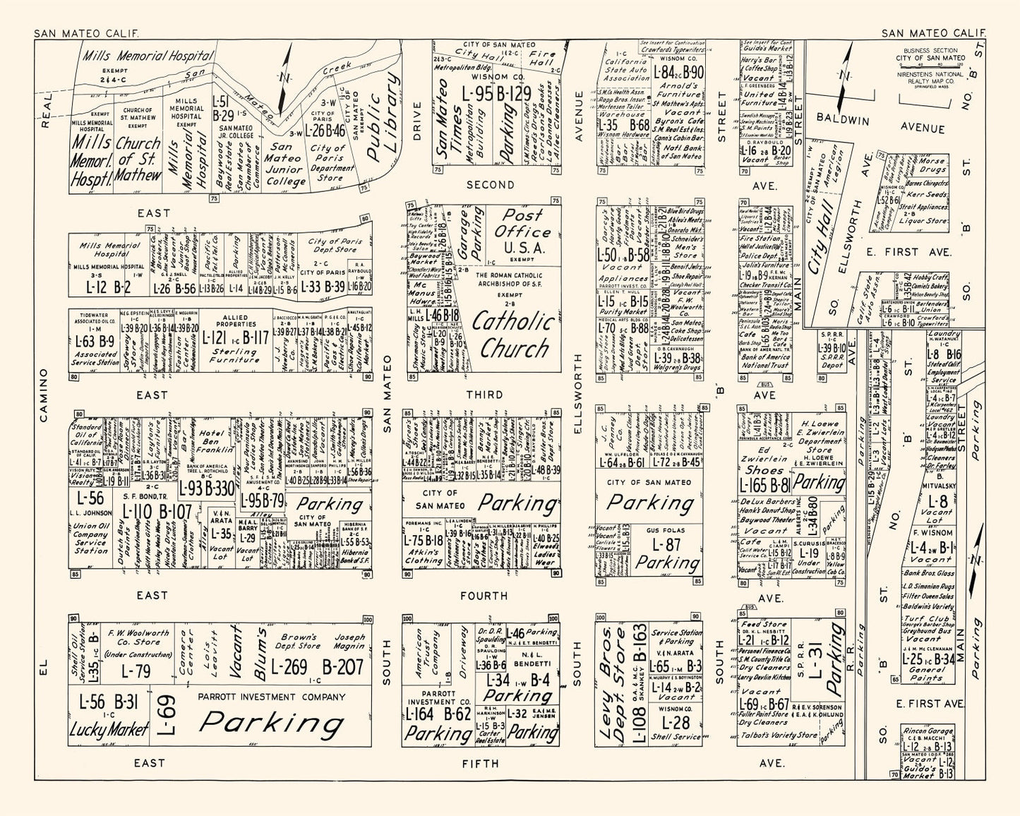 Vintage Map of San Mateo Business Section, California, 1952