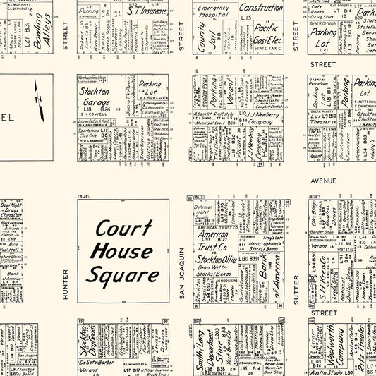 Vintage Map of Stockton, California Business Section, 1952