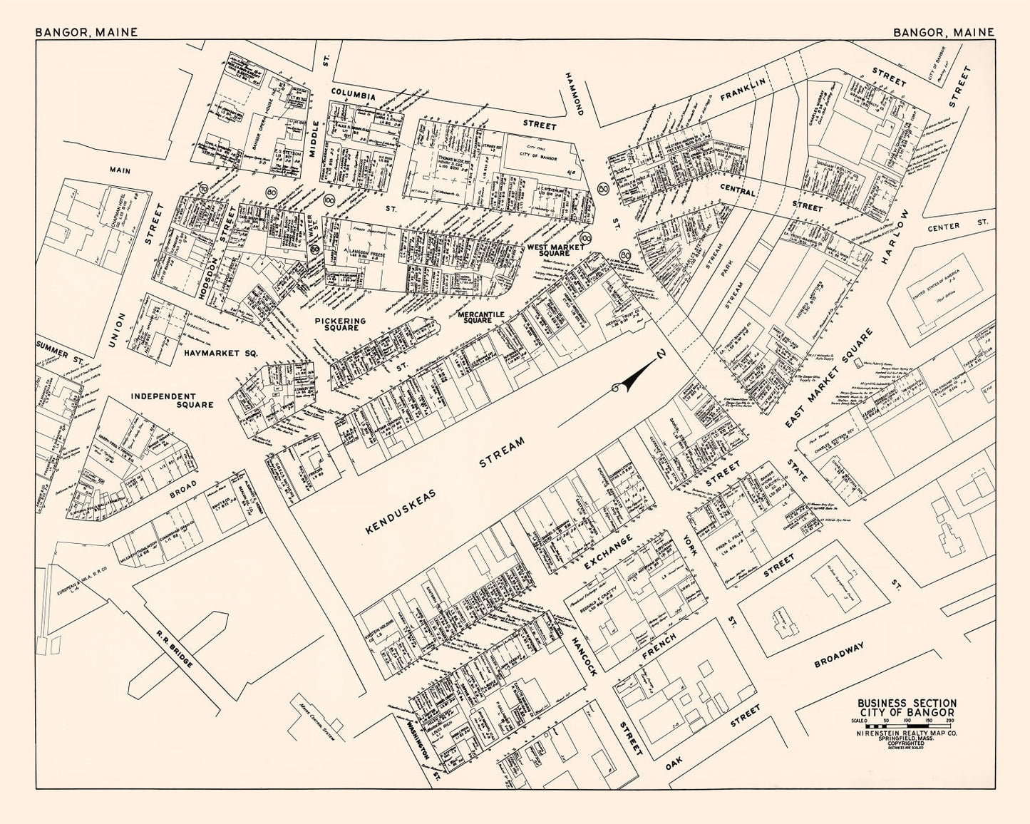 Vintage Map of Bangor, ME Business Section, 1946
