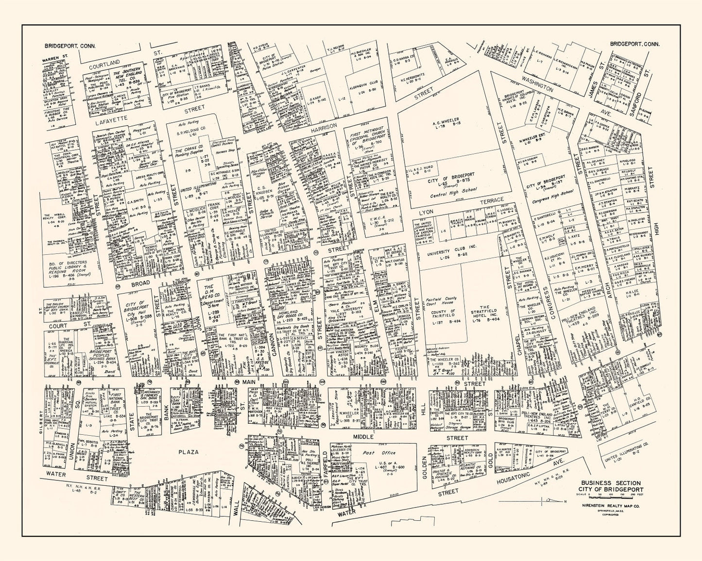 Vintage Map of Bridgeport, CT Business Section, 1946