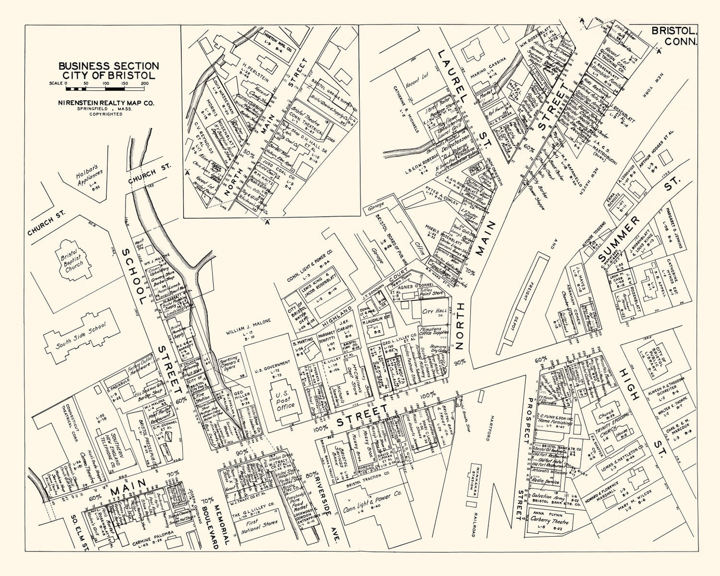 Vintage Map of Bristol, CT Business Section, 1946