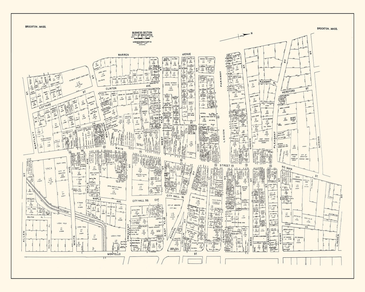 Vintage Map of Brockton, MA Business Section, 1946